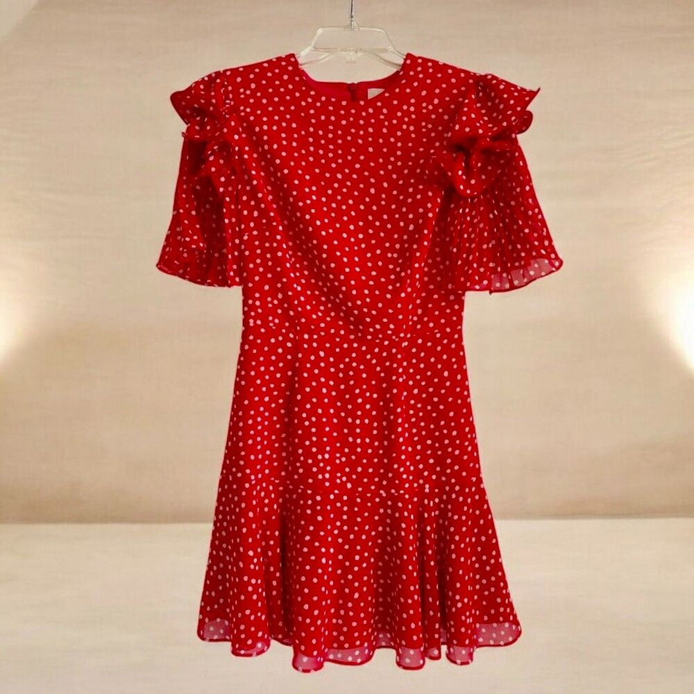 Red Polka Dot Dress Statement Sleeve XS